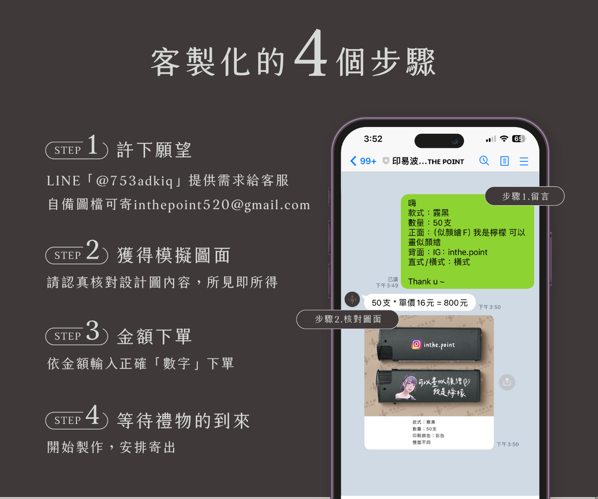 印易波客製化打火機提供需求、確認模擬圖、下單與安排寄出的四步驟
