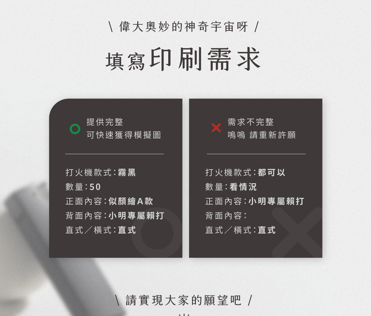 客製化打火機印刷需求填寫範例,包含款式、數量、正反面內容與直橫方向